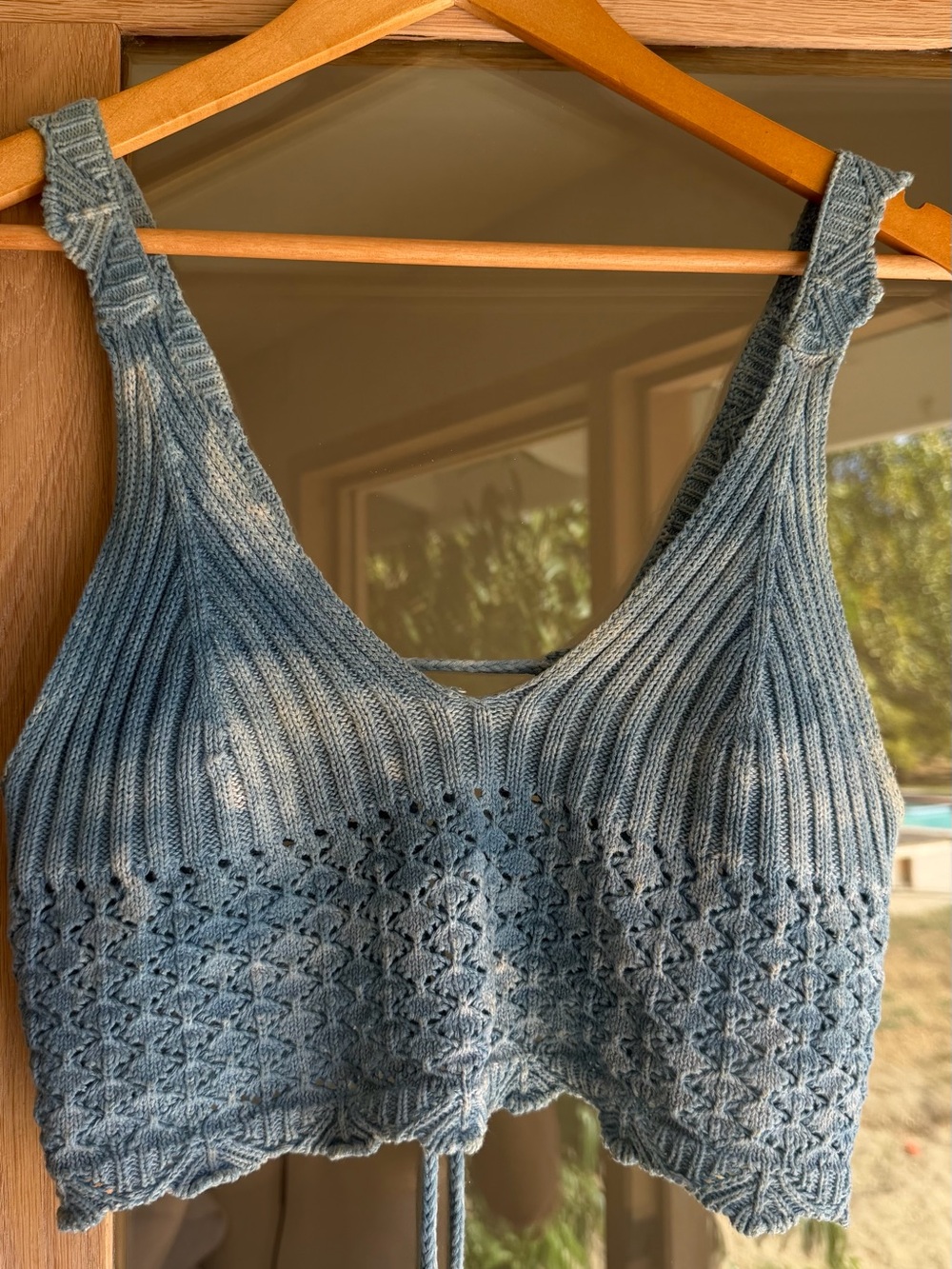 Flower tied due Blue Knit Cropped Tank Top with Crochet Detail
